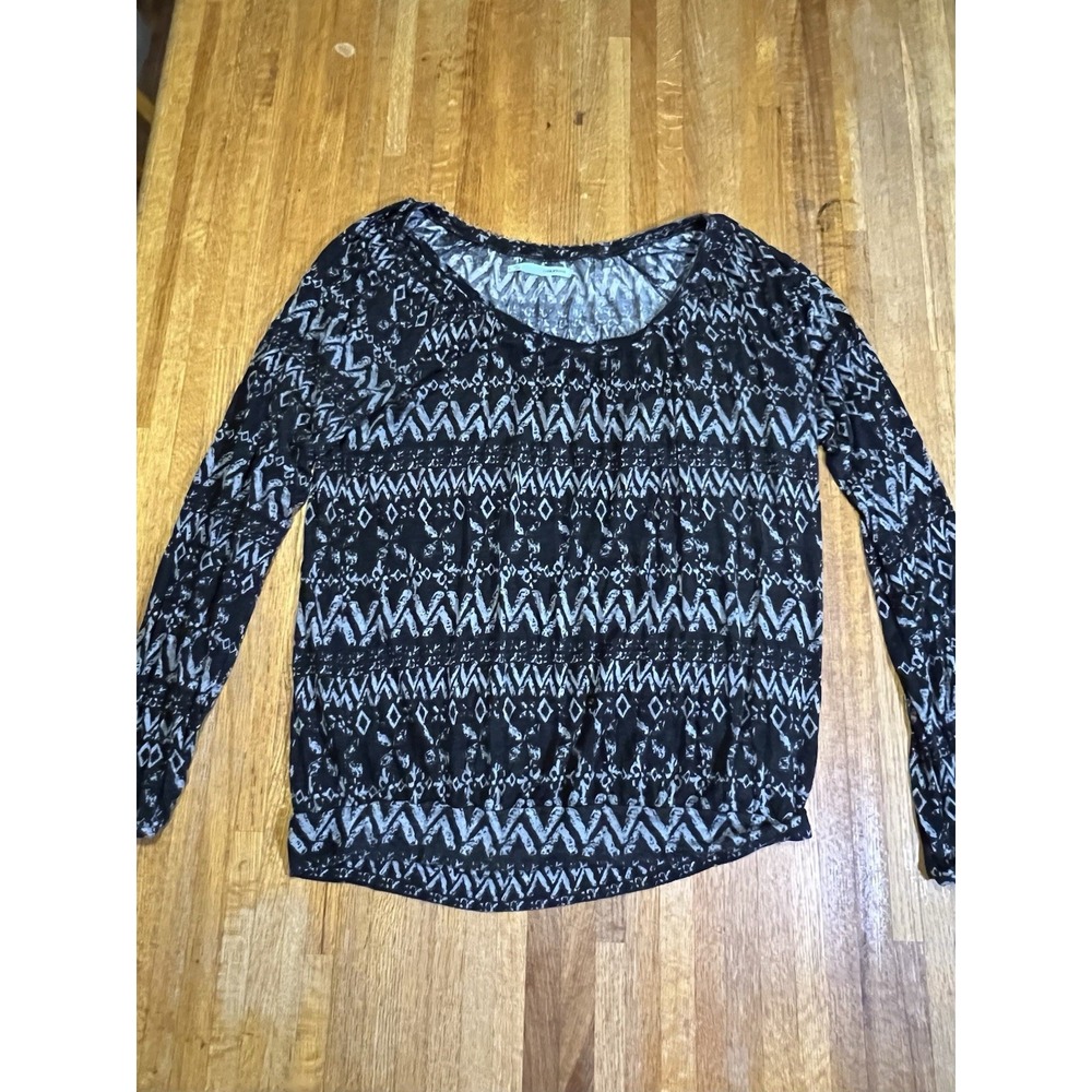 Maurices Women Large Black Gray Abstract Patterned Long Sleeve Scoop Neck Blouse